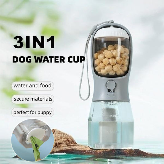 Botella Multifuncional para Mascotas 3 en 1,  Vaso Portátil – Agua, Comida y Bolsas en un Solo Click