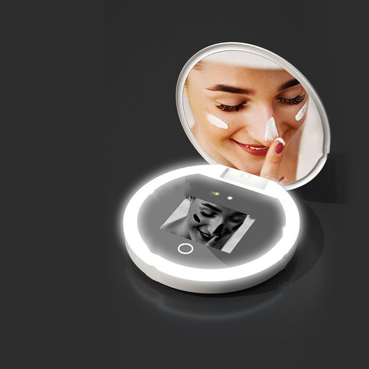 Espejo de maquillaje inteligente con protección solar UV y luz LED de mano