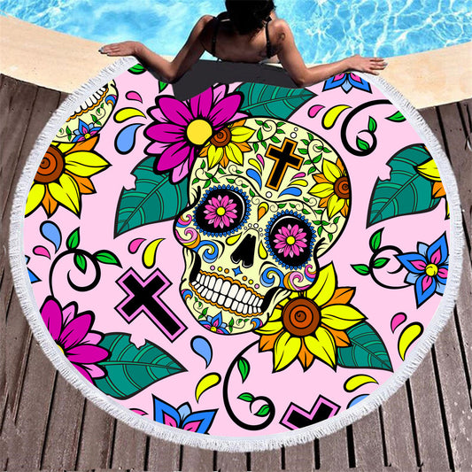 Toalla de playa redonda de algodón y fibra con motivos Mexicanos, ideal para disfrutar en la piscina, en la playa y gran tamaño para usar sobre la arena.