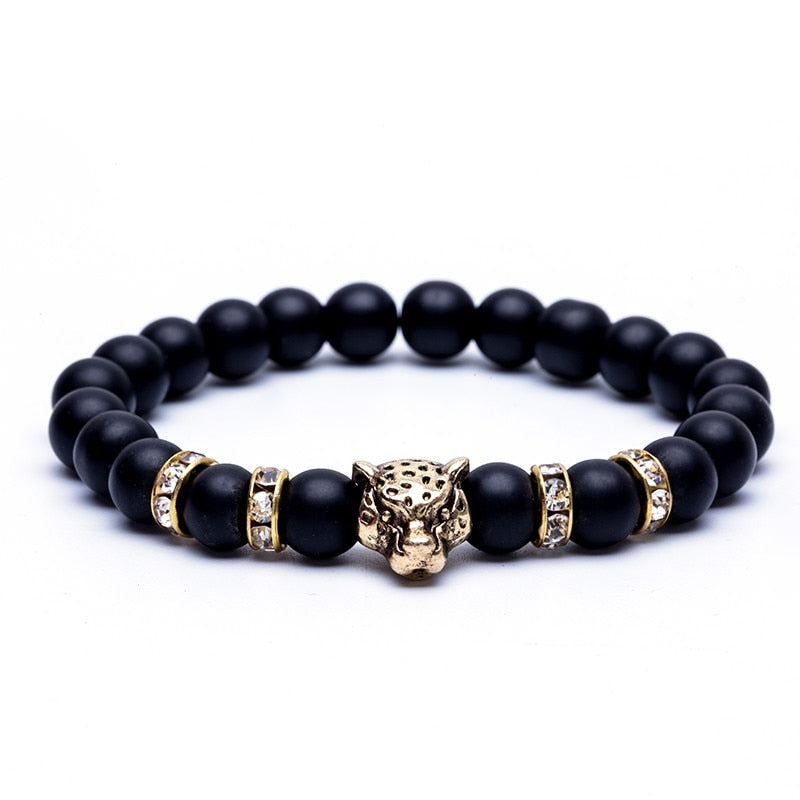 Pulsera de Piedra Lava Natural con Leopardo | Estilo Masculino Artesanal