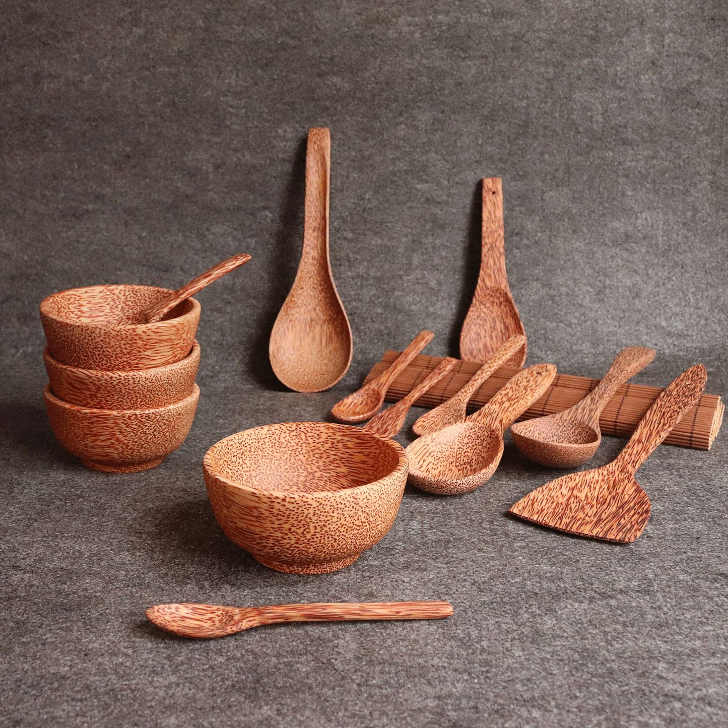 Tazón Artesanal de Coco con Utensilios de Madera – Set Natural para Cocina y Decoración
