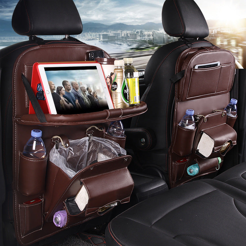Organizador Colgante de Asiento para Auto | Bandeja + Bote de Basura + Múltiples Bolsillos