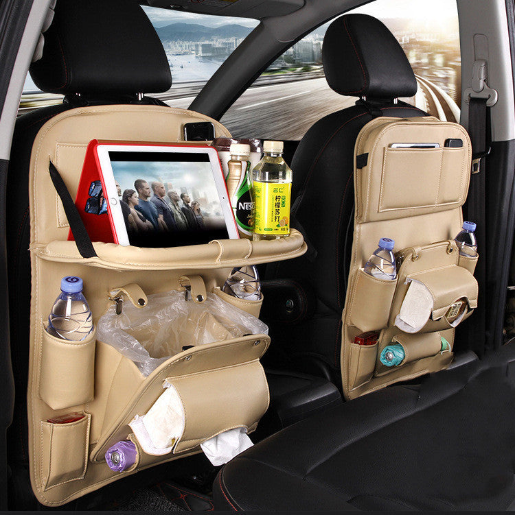 Organizador Colgante de Asiento para Auto | Bandeja + Bote de Basura + Múltiples Bolsillos