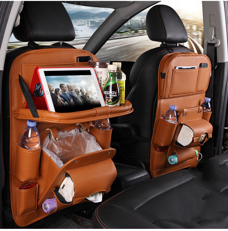 Organizador Colgante de Asiento para Auto | Bandeja + Bote de Basura + Múltiples Bolsillos