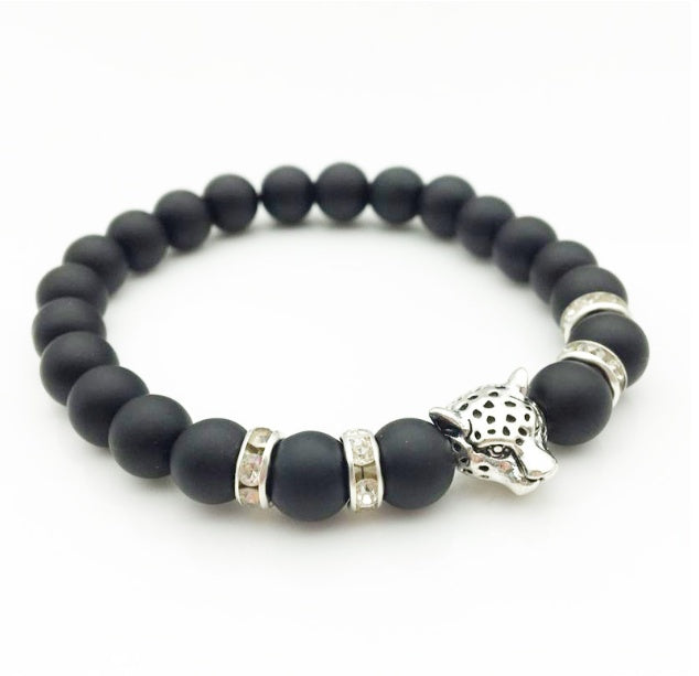 Pulsera de Piedra Lava Natural con Leopardo | Estilo Masculino Artesanal