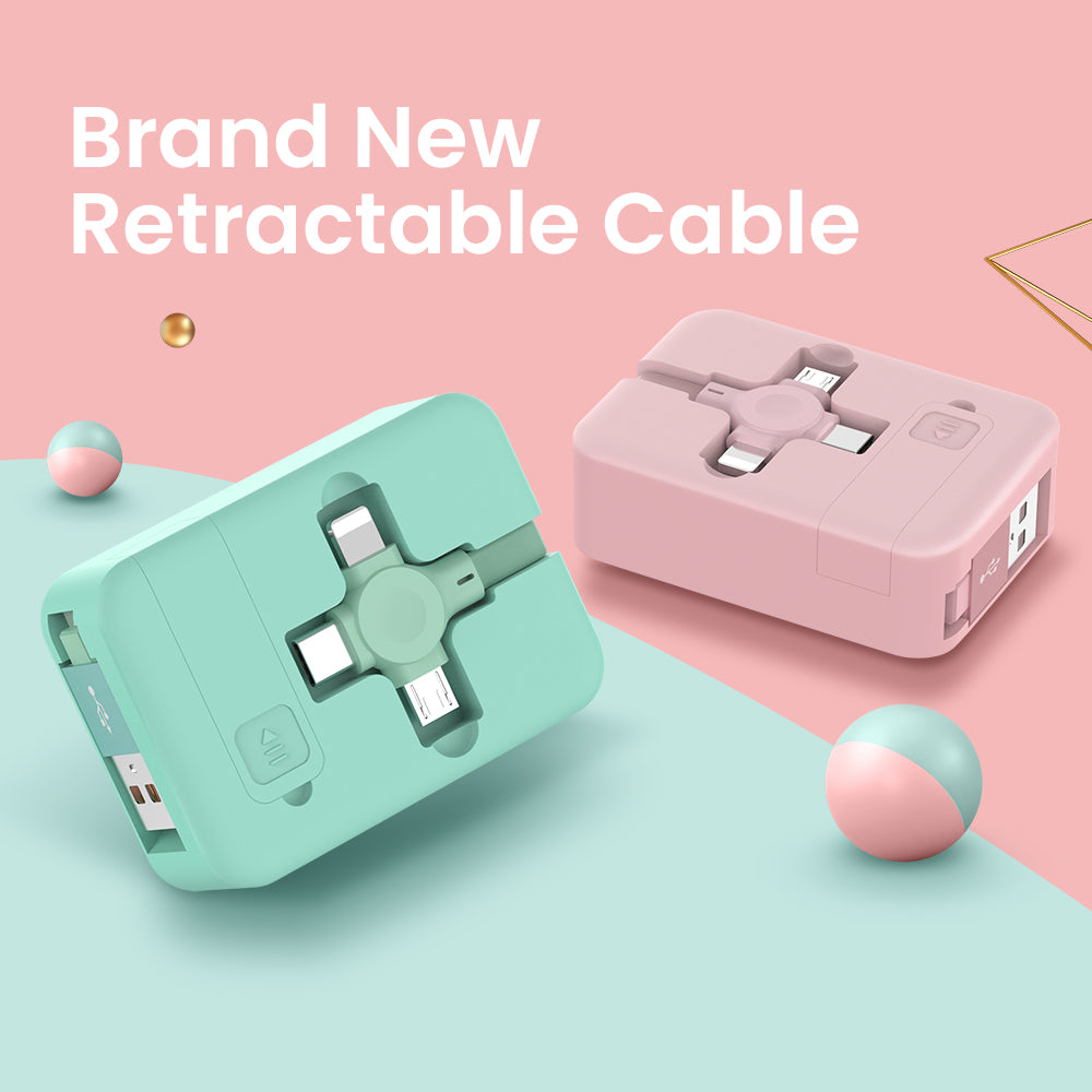 Cable USB retráctil 4 en 1, Micro Cable creativo tipo Macaron C para teléfono I con soporte para teléfono, Cable de datos de carga, caja de almacenaje para cables