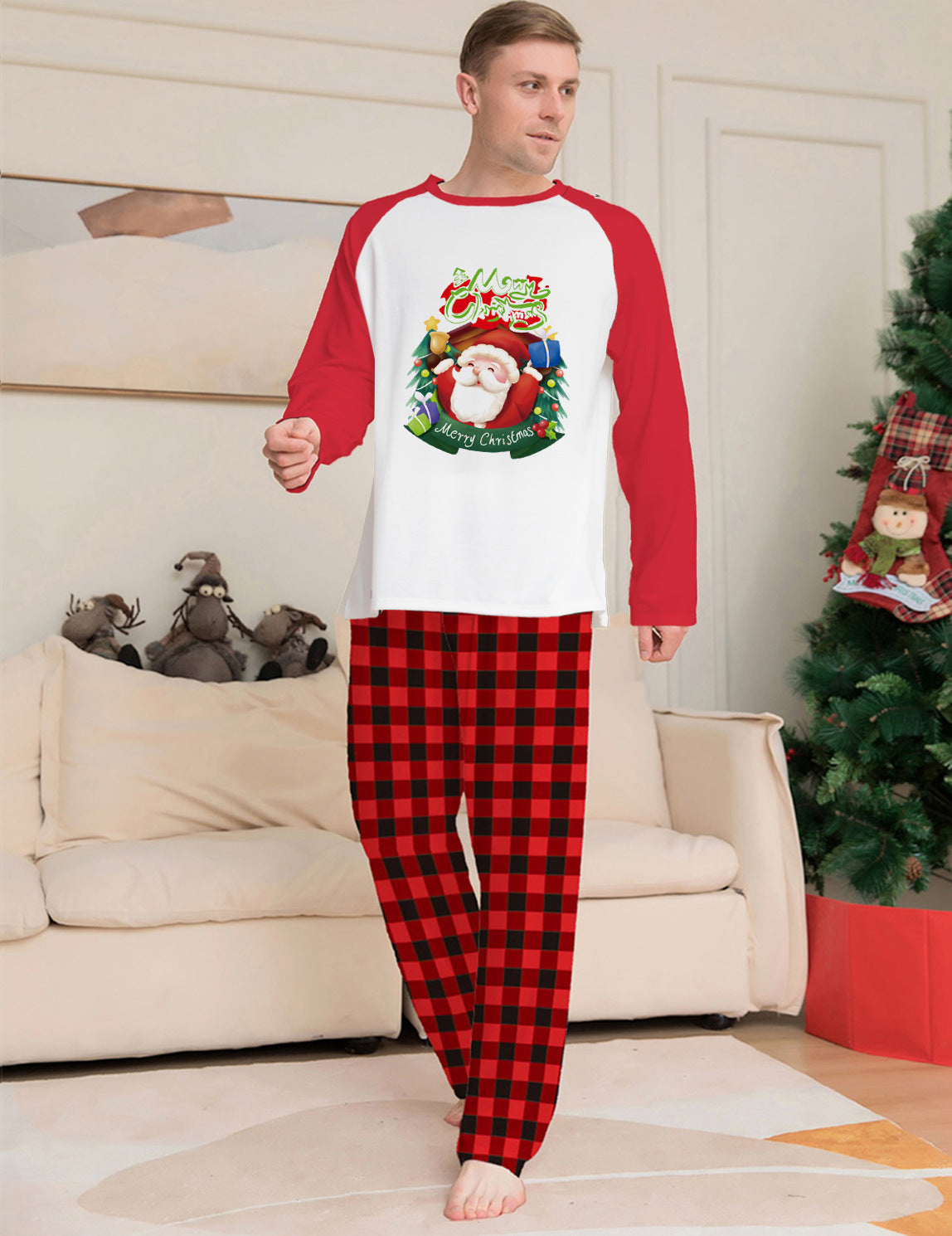 Pijama navideño  para padres e hijos, camisetas de manga larga, pantalones a cuadros, pijamas a juego para la familia