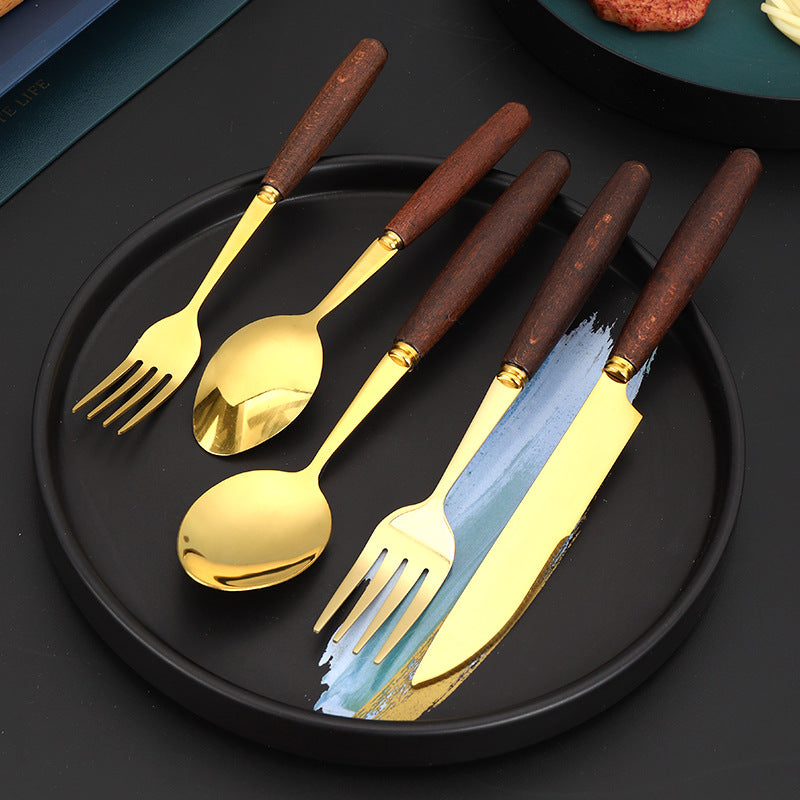 Set de Cuchillo, Tenedor y Cucharas Mango Efecto Madera – Acero Inoxidable Premium