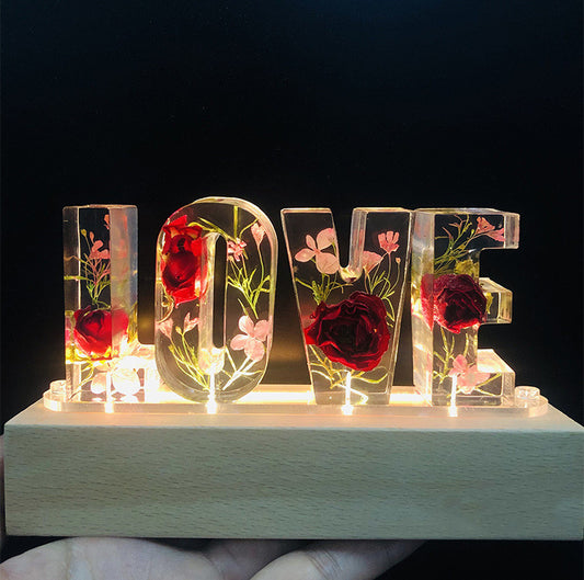 Lámpara de mesa con letras de amor, luz nocturna creativa con flores secas Luz LED decorativa