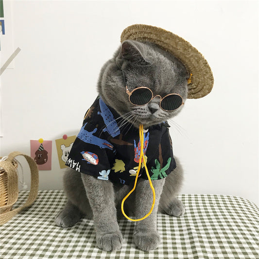 Traje costeño para gatos,  Camisa de Verano y sombrero, disfraz mascotas