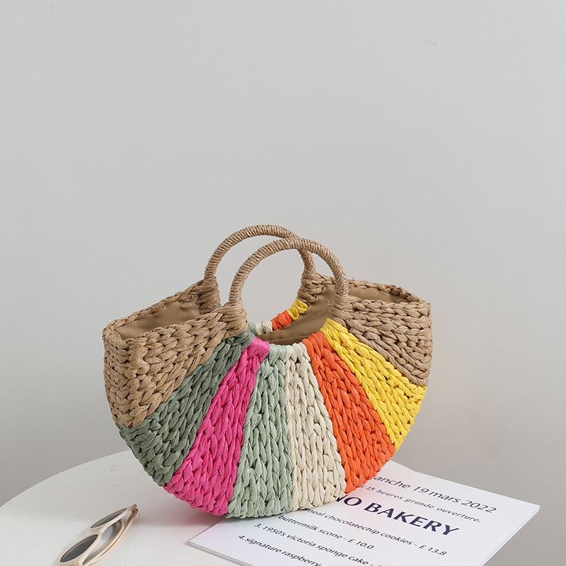 Bolsa de playa de paja, trenzada en colores combinados, ideal para tu outfit de playa, fresco y elegante