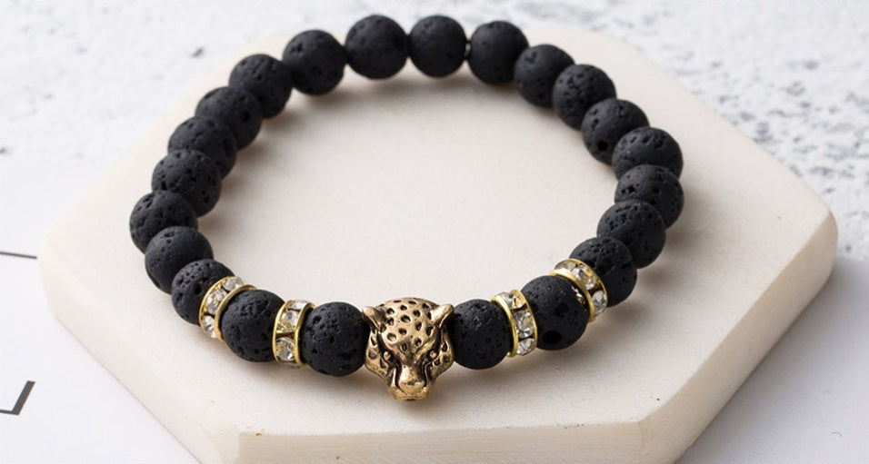 Pulsera de Piedra Lava Natural con Leopardo | Estilo Masculino Artesanal