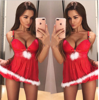 Lencería sexy navideño para mujer, hermoso camisolín tipo baby doll con bordes de pluma blanco y belllisimo