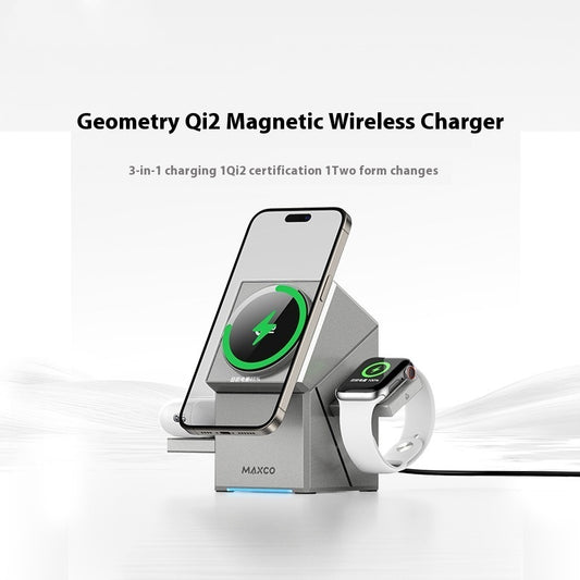 Cargador Inalámbrico 3 en 1 Qi2 Magnético Giratorio – Tipo C | Carga Rápida para Teléfono, Reloj y Auriculares