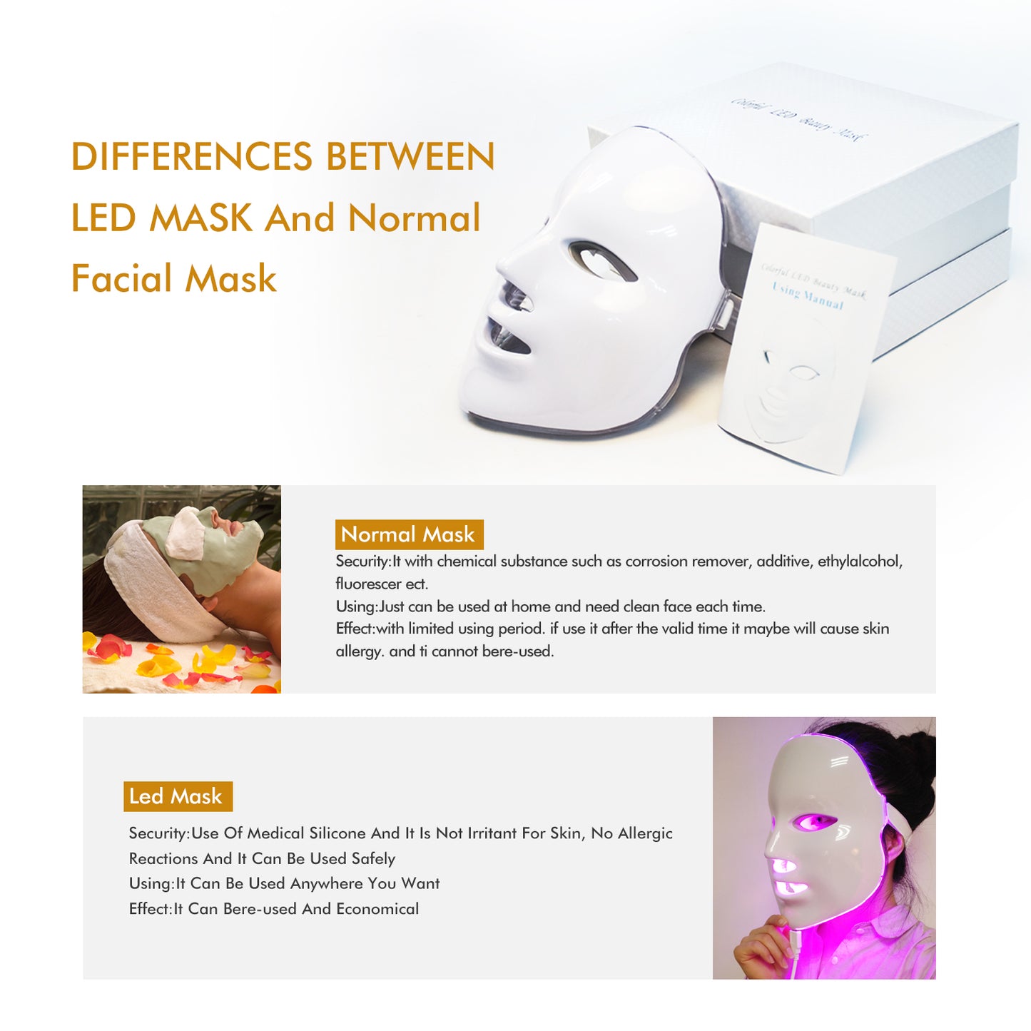 Máscara LED de 7 colores para uso terapeutico en rostro.  Máscara facial profesional de fotones con luz LED