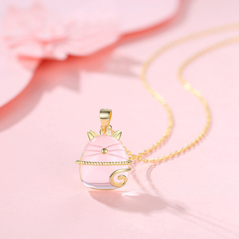 Collar Gato de la Suerte con Cristal Rosa | Plata y Brillo Femenino