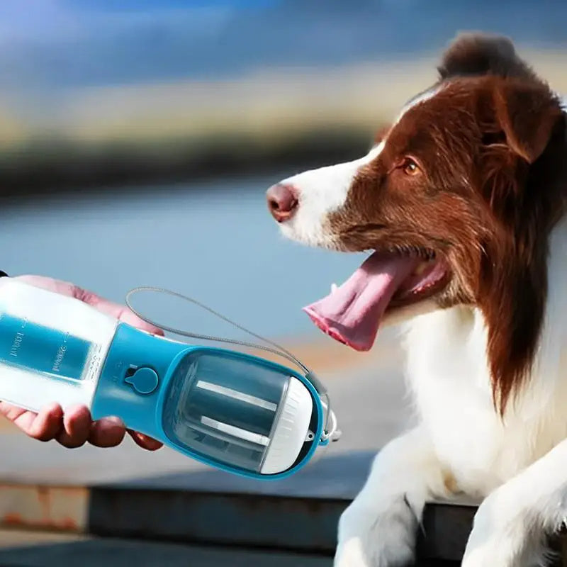 Botella Multifuncional para Mascotas 3 en 1,  Vaso Portátil – Agua, Comida y Bolsas en un Solo Click