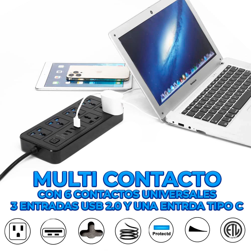 Power Bar con 6 Tomas AC y 4 Puertos USB (USB-C) – Protección Contra Sobretensiones y Carga Rápida