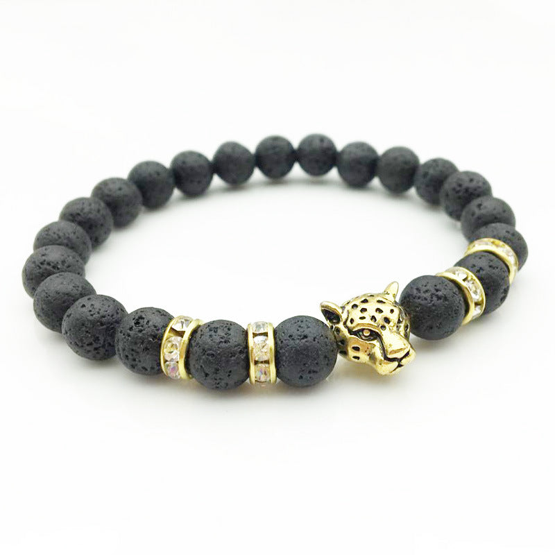 Pulsera de Piedra Lava Natural con Leopardo | Estilo Masculino Artesanal