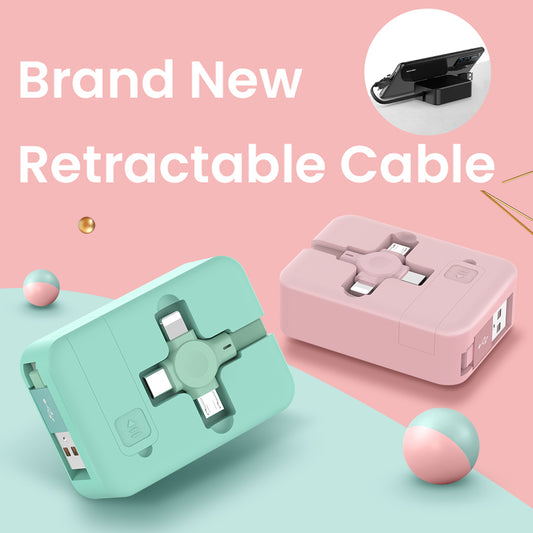 Cable USB retráctil 4 en 1, Micro Cable creativo tipo Macaron C para teléfono I con soporte para teléfono, Cable de datos de carga, caja de almacenaje para cables