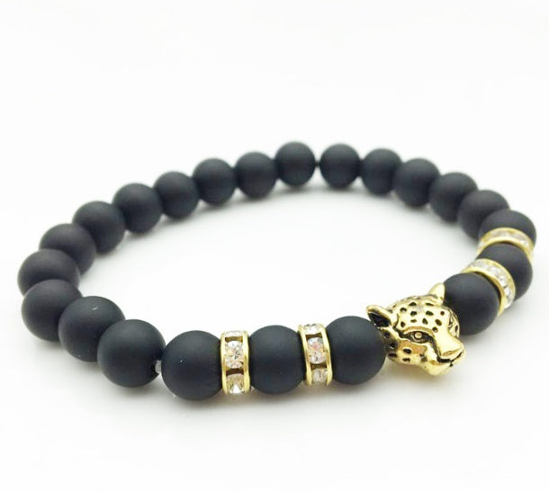 Pulsera de Piedra Lava Natural con Leopardo | Estilo Masculino Artesanal
