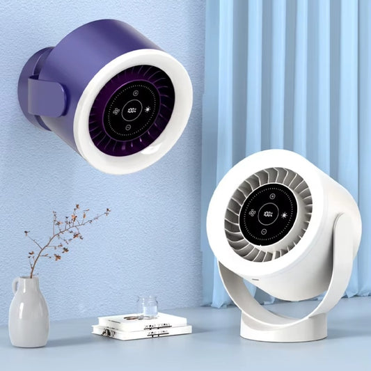 Ventilador de escritorio ajustable con luz, recargable, para montaje en pared, con pantalla LED