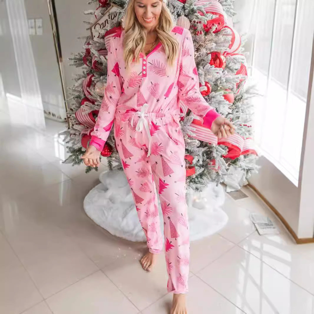 Conjunto de pijama navideño de dos piezas con botones y manga larga y estampado de árbol de Navidad