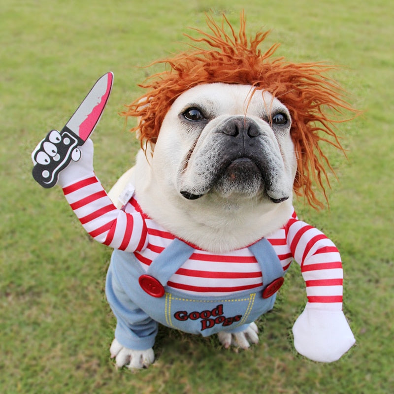 Disfraz  de Halloween Chucky y  HorseMan para perro