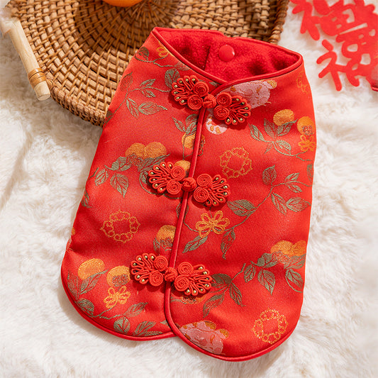 Traditional Chinese Cheongsam Pet Vest With Knot Buttons, Red Festive Dog Jacket For Lunar New Year