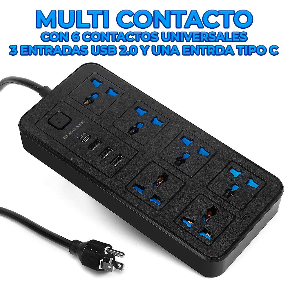 Power Bar con 6 Tomas AC y 4 Puertos USB (USB-C) – Protección Contra Sobretensiones y Carga Rápida