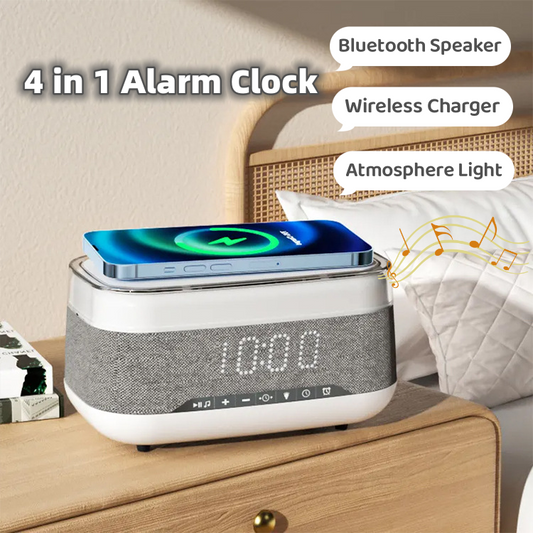 Reloj despertador multifuncional inteligente, Altavoz Bluetooth, cargador inalámbrico, reloj de carga rápida, luz nocturna de ambiente, decoración del hogar