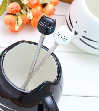 Cuchara de Acero Inoxidable con Mango de Cerámica Gato Blanco y Negro