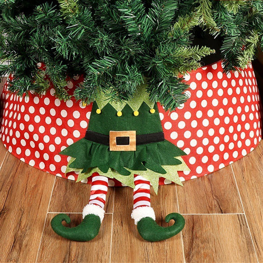 Pie de arbol navideño de Elfo travieso! hermosa Falda de árbol de Navidad con lunares rojos y blancos y figura de Elfo