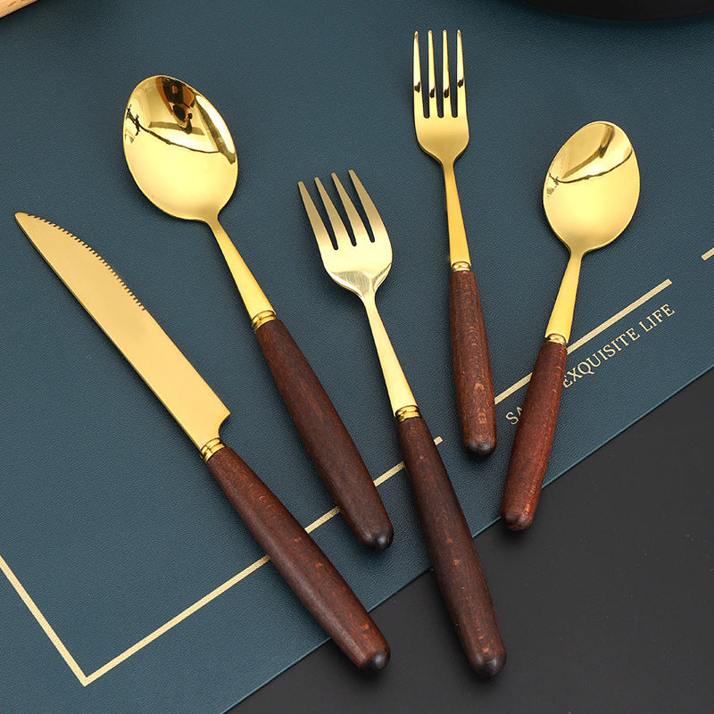 Set de Cuchillo, Tenedor y Cucharas Mango Efecto Madera – Acero Inoxidable Premium