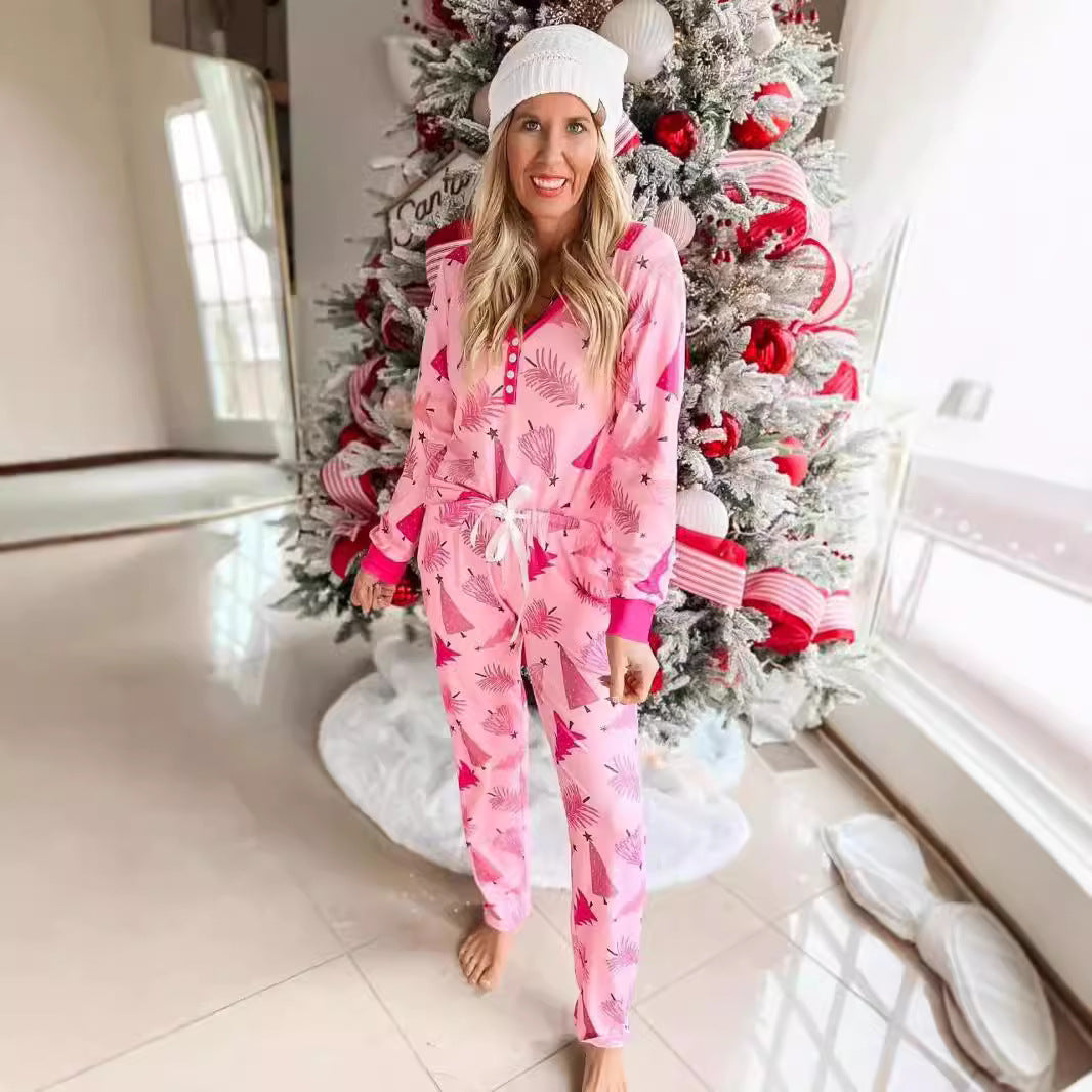 Conjunto de pijama navideño de dos piezas con botones y manga larga y estampado de árbol de Navidad