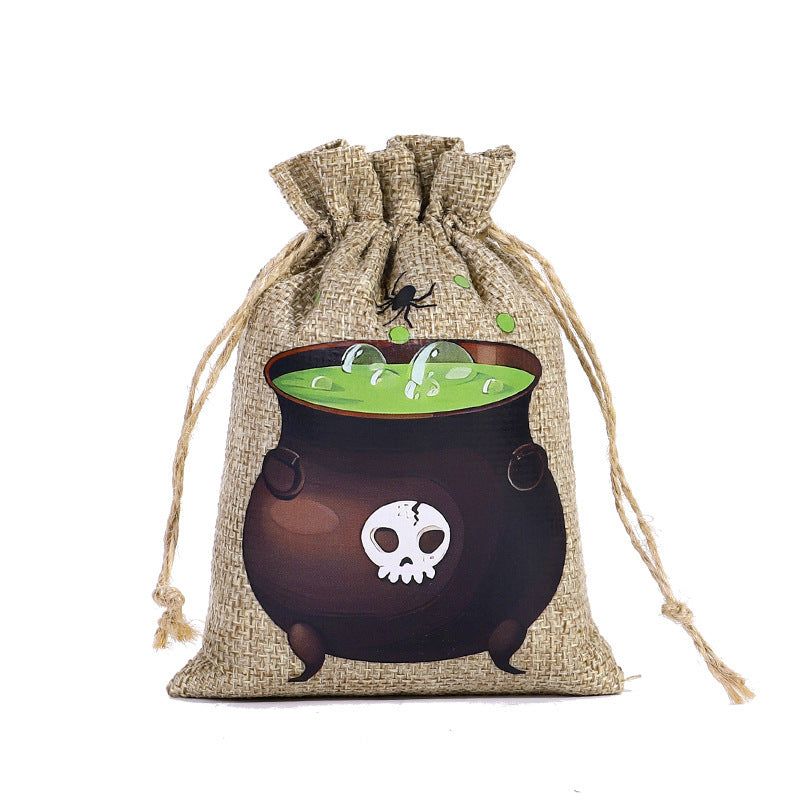 Bolsa de Dulces de Halloween 🍬 – Lino con Cordón y Diseños Terrorífico