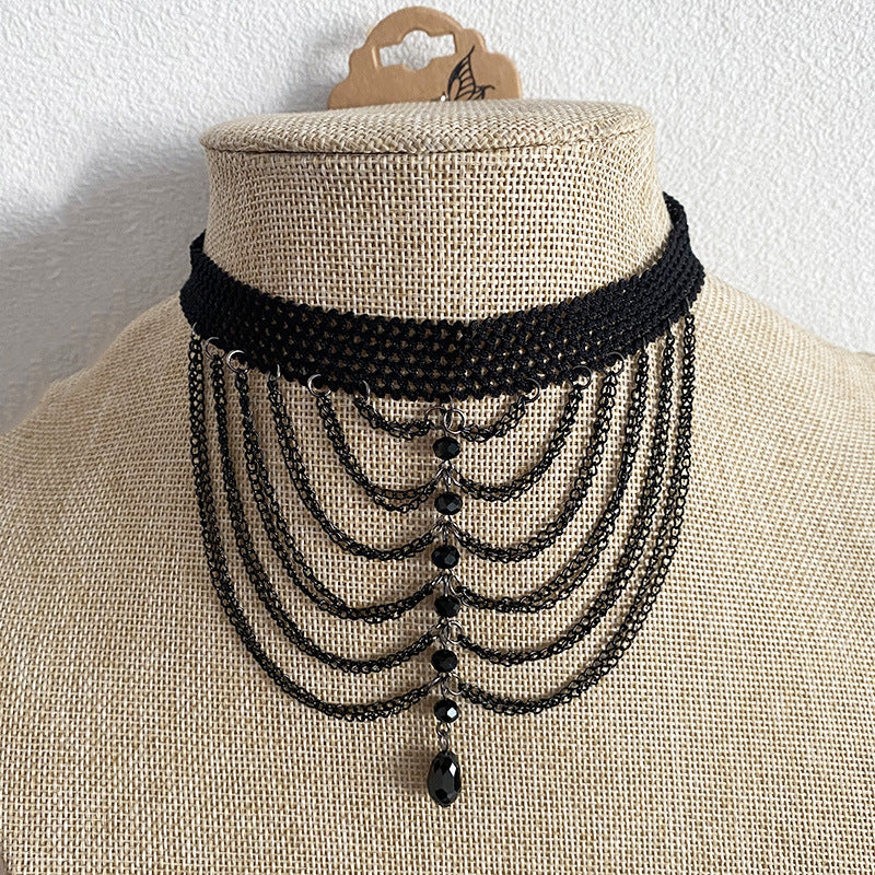 Collar de borlas de cinco puntas estilo gargantilla en distintos estilos color negro, excelente para tu outfit de noche