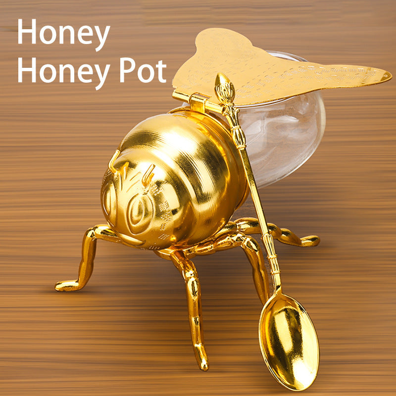 Tarro de miel con forma de abeja y cuchara, versátil y novedoso, ideal para condimentos, aceite