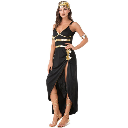 Disfraz de Cleopatra de Halloween Vestido de noche negro con dorado y tocado