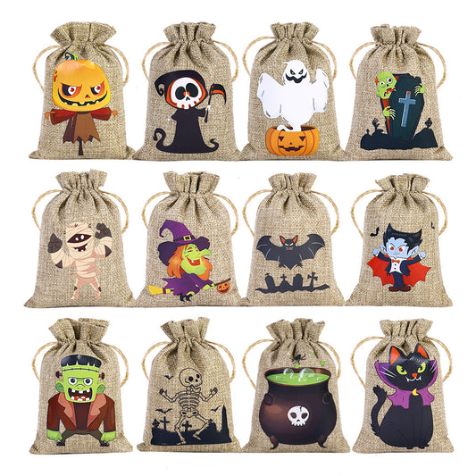 Bolsa de Dulces de Halloween 🍬 – Lino con Cordón y Diseños Terrorífico
