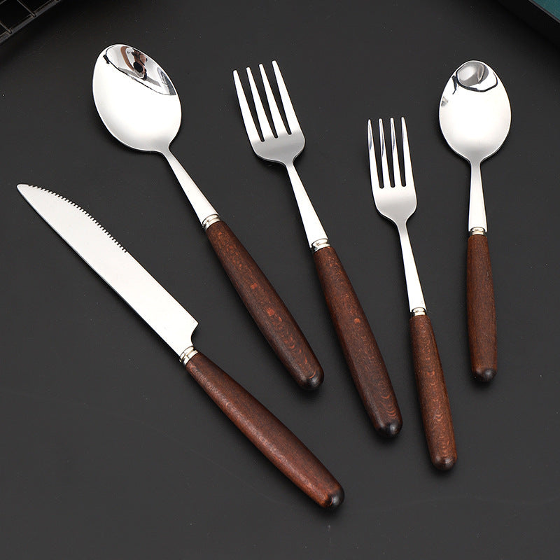 Set de Cuchillo, Tenedor y Cucharas Mango Efecto Madera – Acero Inoxidable Premium