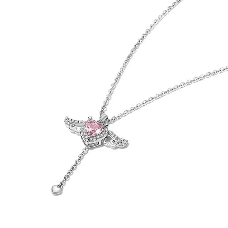 Collar de borla con alas de ángel y corazón de Cupido, cadena con dije de alas de cupido con una piedra preciosa