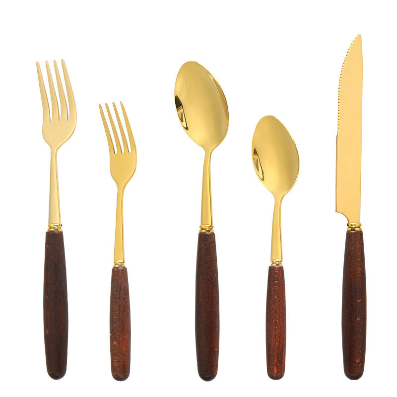 Set de Cuchillo, Tenedor y Cucharas Mango Efecto Madera – Acero Inoxidable Premium