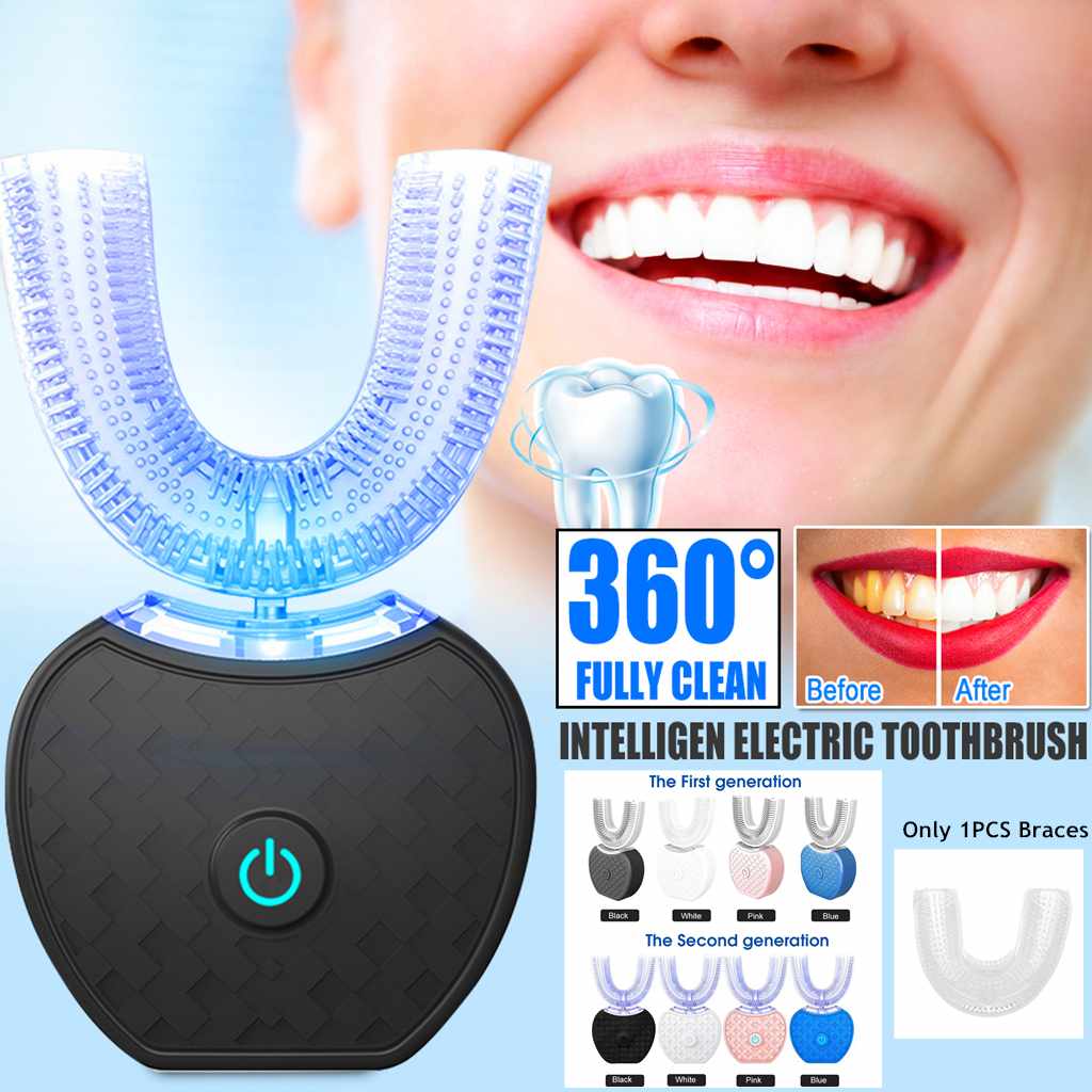 Cepillo de dientes eléctrico automático inteligente de 360 grados, resistente al agua, tipo U, blanqueador, luz azul, carga USB