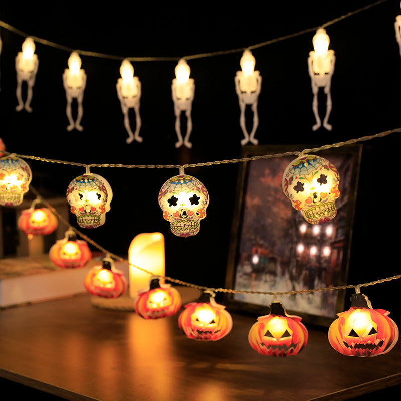 Guirnalda de luces decorativas para Halloween, Guinalda a pilas,  distintos motivos, calavera de murciélago y calabaza