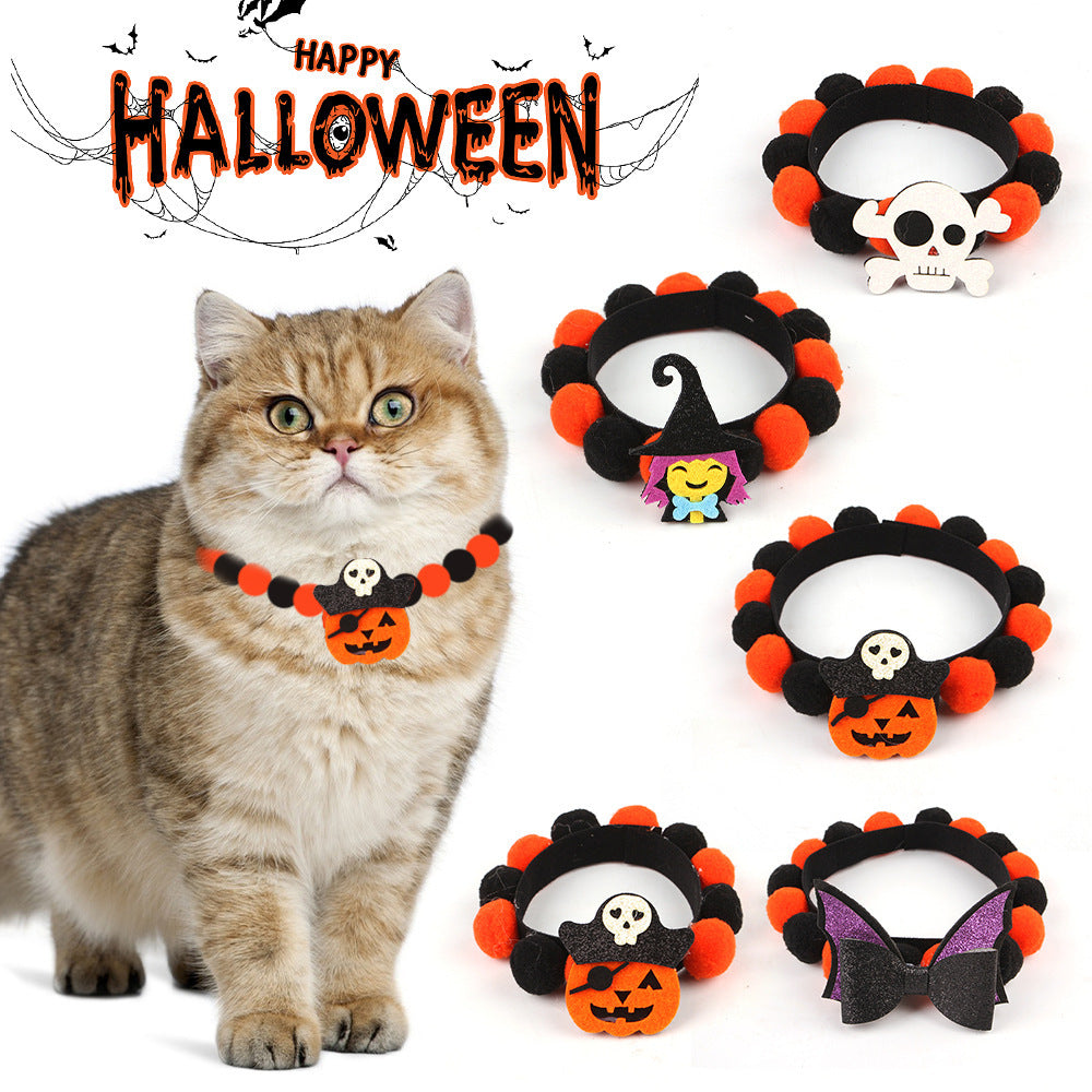 Accesorios de calabaza para el cuello, collar de bola de piel para mascotas de Halloween