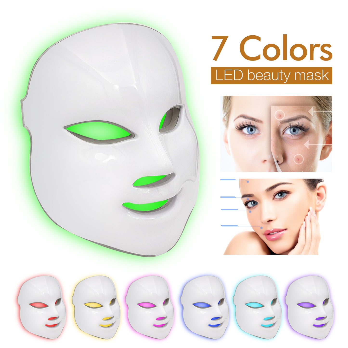 Máscara LED de 7 colores para uso terapeutico en rostro.  Máscara facial profesional de fotones con luz LED