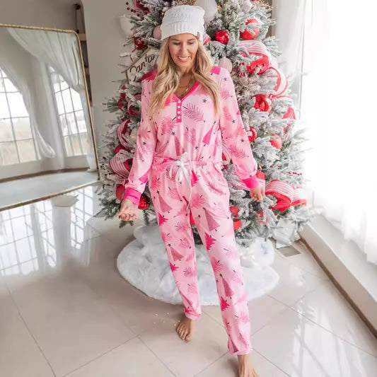 Conjunto de pijama navideño de dos piezas con botones y manga larga y estampado de árbol de Navidad